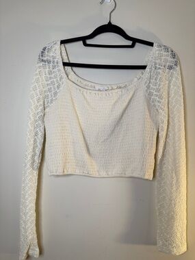 Sadie & Sage Cream Smocked Lace-Sleeve Crop Top